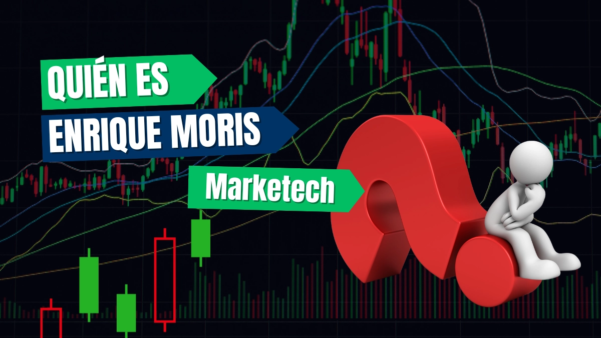 Texto con: ¿Quién es Enrique Moris? acompañado de un "muñeco" sentado sobre un interrogante, el fondo de la imagen es una gráfica de trading